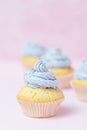 Cupcake decorated with violet buttercream on pastel pink background. Sweet beautiful cake. Vertical banner, greeting card for birt Royalty Free Stock Photo