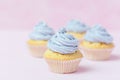 Cupcake decorated with violet buttercream on pastel pink background. Sweet beautiful cake. Horizontal banner, greeting card for bi Royalty Free Stock Photo