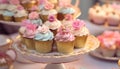 Cupcake dessert, baked decoration, gourmet wedding, sweet pink chocolate candy generated by AI