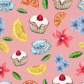 Cupcake desset and blossom Seamless Pattern