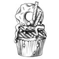 cupcake with donut monochrome sketch
