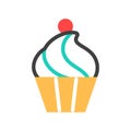 Cupcake flat line icon with cream glazed berry.