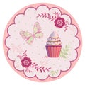 Cupcake, flowers, butterfly on round pattern frame. Soft pink, green colors. Royalty Free Stock Photo