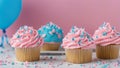 cupcake with frosting Birthday cupcakes with pink and blue frosting and sprinkles on a white cake stand. white frosting Royalty Free Stock Photo