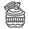 Cupcake with fruit jelly and mint line icon, pastry concept, fruit jam muffin vector sign on white background, outline