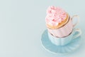 Cupcake with gentle pink cream decoration in two cups on blue pastel background. Royalty Free Stock Photo