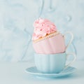 Cupcake with gentle pink cream decoration in two cups on blue pastel background. Royalty Free Stock Photo