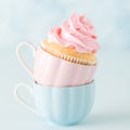 Cupcake with gentle pink cream decoration in two cups on blue pastel background. Royalty Free Stock Photo