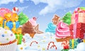 Cupcake, gift box. Winter sweet landscape. Christmas background. 3d vector