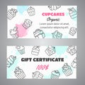 Cupcake gift certificate banners with handdrawn cupcakes and pink splashes. Bakery Desserts collection Vector