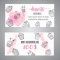 Cupcake gift certificate with handdrawn cupcakes and pink splashes. Coupon with desserts. Promo banner for bakery