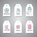Cupcake gift tags with handdrawn cupcakes and pink splashes. Sweet pastry hanging. Bakery Desserts collection Vector
