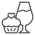 Cupcake and a glass of wine line icon. Wineglass with sweet muffin dessert outline style pictogram on white background