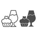 Cupcake and a glass of wine line and solid icon. Wineglass with sweet muffin dessert outline style pictogram on white