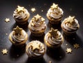 Cupcake with gold frosting on a golden background with bokeh