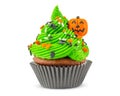 Cupcake on Halloween. Carved pumpkin. Jack o lantern. Dessert on Halloween party. Muffin decorated with colored sprinkles Royalty Free Stock Photo