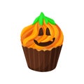 Cupcake Halloween with pumpkin on orange cream and green leaves, funny face dessert in cartoon style isolated on white