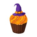 Cupcake Halloween witch hat on orange cream dessert in cartoon style isolated on white background.