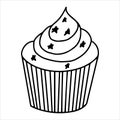 Cupcake hand drawn line illustration. Doodles. Stylized baking. Black and white image.Stylized baking. Cupcake with cream. Vector