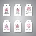 Cupcake hanging with handdrawn cupcakes and pink splashes. Sweet pastry sale labels and promo tags. Pastry gift tag