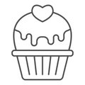 Cupcake with heart and glaze thin line icon, valentine day concept, muffin with icing sign on white background, cake Royalty Free Stock Photo