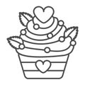 Cupcake with hearts and sprinkles for Valentine Day thin line icon, pastry concept, muffin vector sign on white