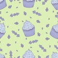 Cupcake with lavender. Seamless pattern.
