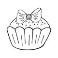 Cupcake linear icon with bow, muffin in hand draw style. Vector illustration. Outline drawing, coloring book. Sign