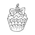 Cupcake linear icon with candle, muffin in hand draw style. Vector illustration. Outline drawing, coloring book. Sign