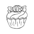 Cupcake linear icon with candy, muffin in hand draw style. Vector illustration. Outline drawing, coloring book. Sign