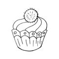 Cupcake linear icon with flower, muffin in hand draw style. Vector illustration. Outline drawing, coloring book. Sign