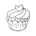 Cupcake linear icon with heart, muffin in hand draw style. Vector illustration. Outline drawing, coloring book. Sign