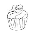 Cupcake linear icon with heart, muffin in hand draw style. Vector illustration. Outline drawing, coloring. Sign