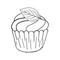 Cupcake linear icon with leaf, muffin in hand draw style. Vector. Outline drawing, coloring book. Sign, icon, sticker