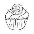 Cupcake linear icon with seashell, muffin in hand draw style. Vector. Outline drawing, coloring book. Sign, icon