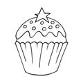 Cupcake linear icon with star, muffin in hand draw style. Vector. Outline drawing, coloring book. Sign, icon, sticker