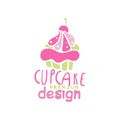 Cupcake logo design, emblem in pink colors for confectionery, candy shop or sweet store vector Illustration on a white