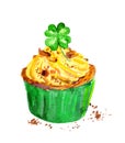 Cupcake with lucky clover leaf, trefoil with four leaves. Watercolor for Saint Patrick day Royalty Free Stock Photo