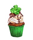 Cupcake with lucky trefoils 4 clover leaves. Watercolor for Saint Patrick day Royalty Free Stock Photo
