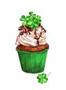 Cupcake with lucky trefoils 4 clover leaves. Watercolor for Saint Patrick day Royalty Free Stock Photo