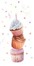 Cupcake muffin candle watercolor drawing card. Birthday candle chocolate cream. Cake confectionery bakery light dessert