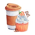 Cupcake muffin coffee thermos watercolor drawing. Cup tea gooer takeaway. Strawberry heart stick fruit chocolate cake Royalty Free Stock Photo