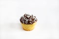 Cupcake or muffin with chocolate icing and sprinkles, isolated