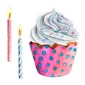Cupcake muffin cream candle watercolor drawing vanilla dotted paper. Birthday cake whipped tasty dessert illustration