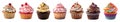 Cupcake muffin with various colourful icing frosting topping on transparent background cutout. PNG
