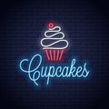 Cupcake neon logo on wall vector background