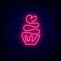 Cupcake neon sign. Candy store. Sweet shop logo. One line drawing. Isolated vector stock illustration