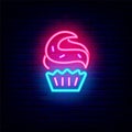 Cupcake neon sign. Sweet shop logo. Cake store emblem. Sweet dessert. solated vector stock illustration