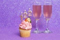 Cupcake With Number And Glasses With Wine For Birthday Or Anniversary Celebration Royalty Free Stock Photo