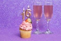Cupcake With Number And Glasses With Wine For Birthday Or Anniversary Celebration Royalty Free Stock Photo